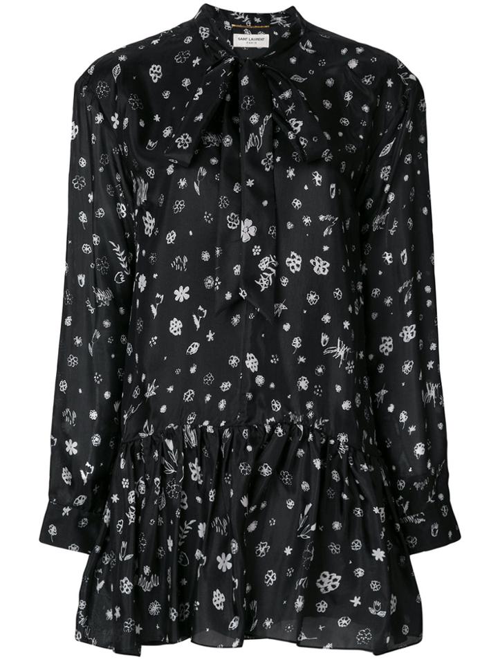 Saint Laurent Printed Tie Neck Mini Dress - Black