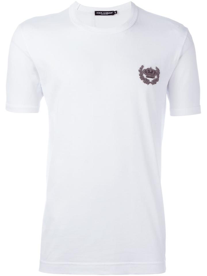 Dolce & Gabbana Embroidered Crown T-shirt, Men's, Size: 48, White, Cotton/ramie/metallic Fibre/polyester