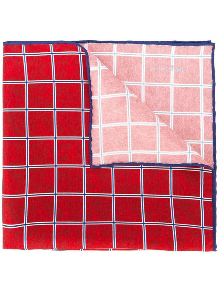 Kiton Grid Check Pocket Square, Red, Silk