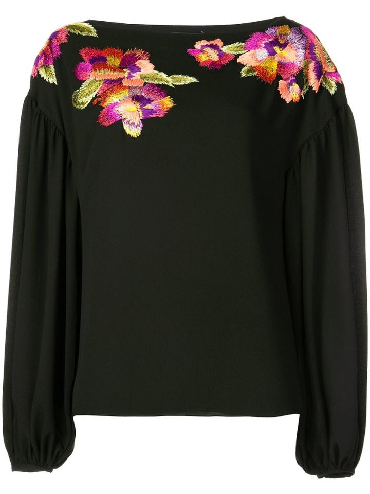 Josie Natori Embroidered Flower Blouse - Black