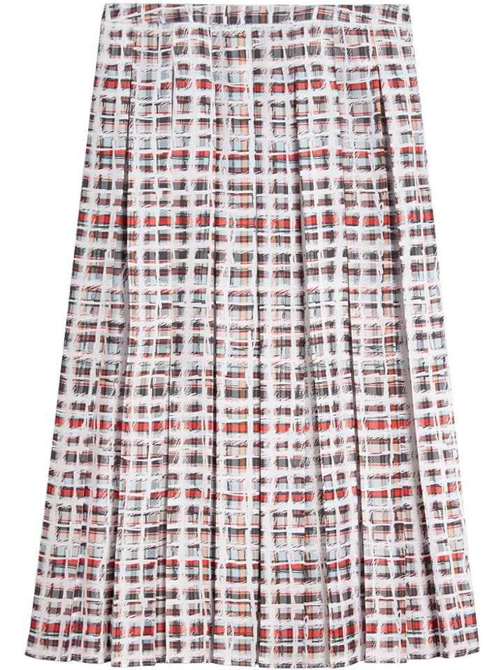 Burberry Pleated Scribble Check Silk Skirt - Red