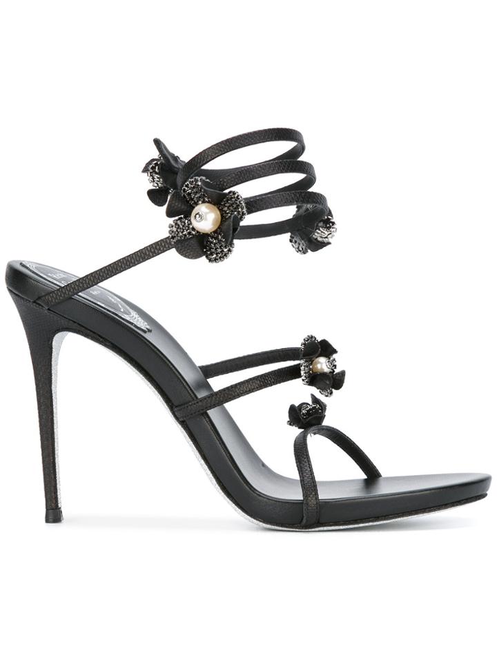 René Caovilla Flower Embellished Sandals - Black