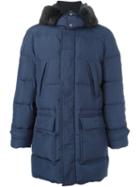 Canali Beaver Fur Trim Padded Coat, Men's, Size: 56, Blue, Polyester/polyamide/beaver Fur/feather Down
