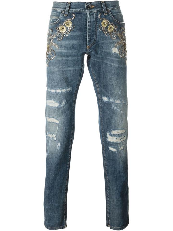 Dolce & Gabbana Embellished Ripped Jeans, Men's, Size: 50, Blue, Cotton/glass/metallic Fibre/calf Leather