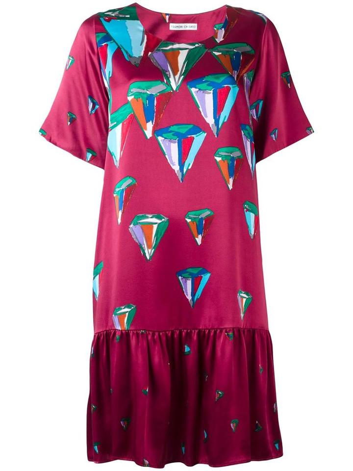 Tsumori Chisato Printed Flared Dress, Women's, Size: 2, Red, Silk/cupro