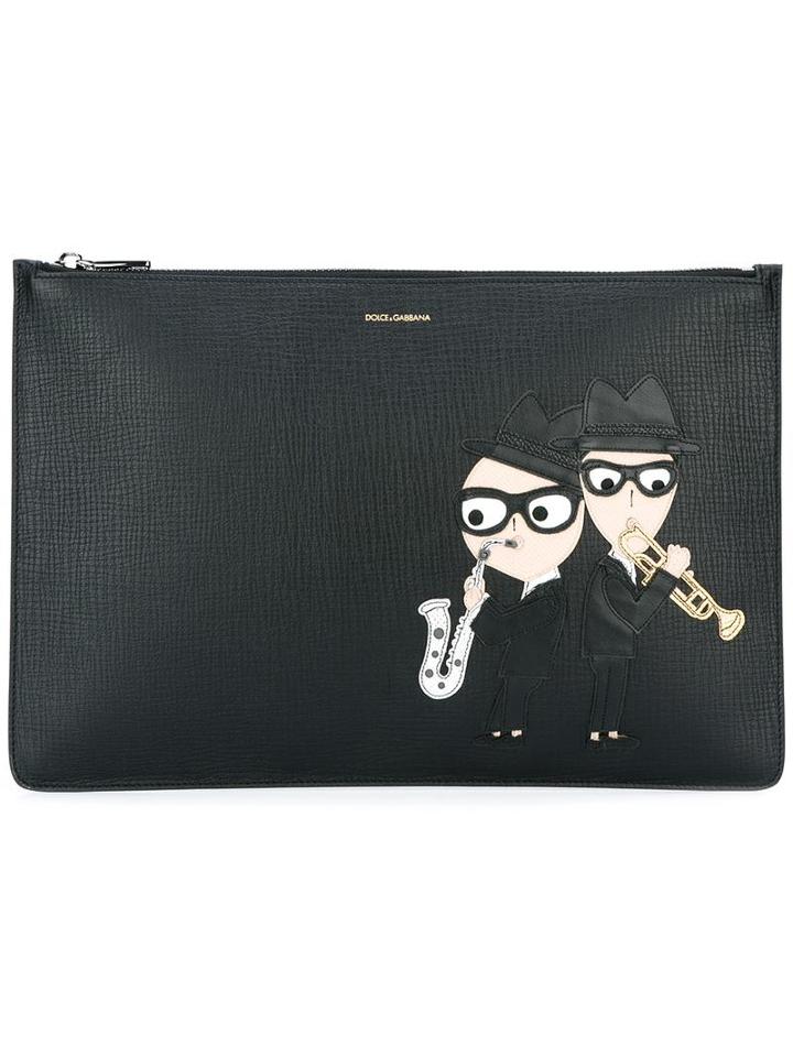 Dolce & Gabbana Designer's Patch Zip Clutch, Men's, Black, Calf Leather