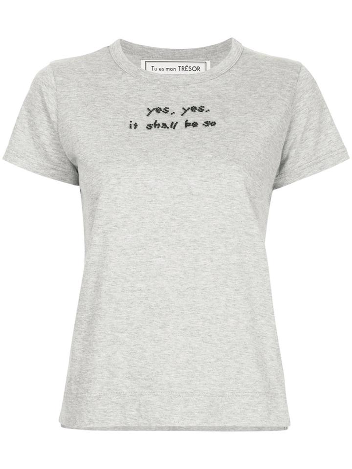 Tu Es Mon Trésor Beaded Slogan T-shirt - Grey