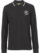 Burberry Long-sleeve Embroidered Logo Cotton Polo Shirt - Grey