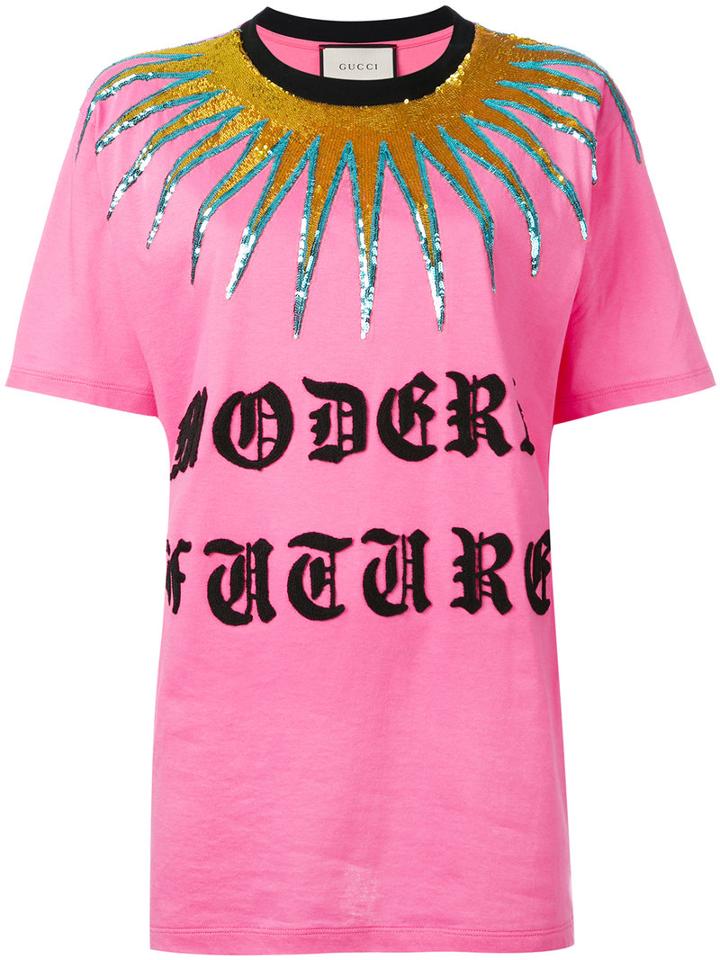 Gucci - Logo Patch T-shirt - Women - Cotton/acrylic/nylon/wool - S, Pink/purple, Cotton/acrylic/nylon/wool