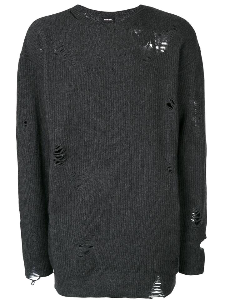Diesel Distressed Long Rib Knit Sweater - Grey