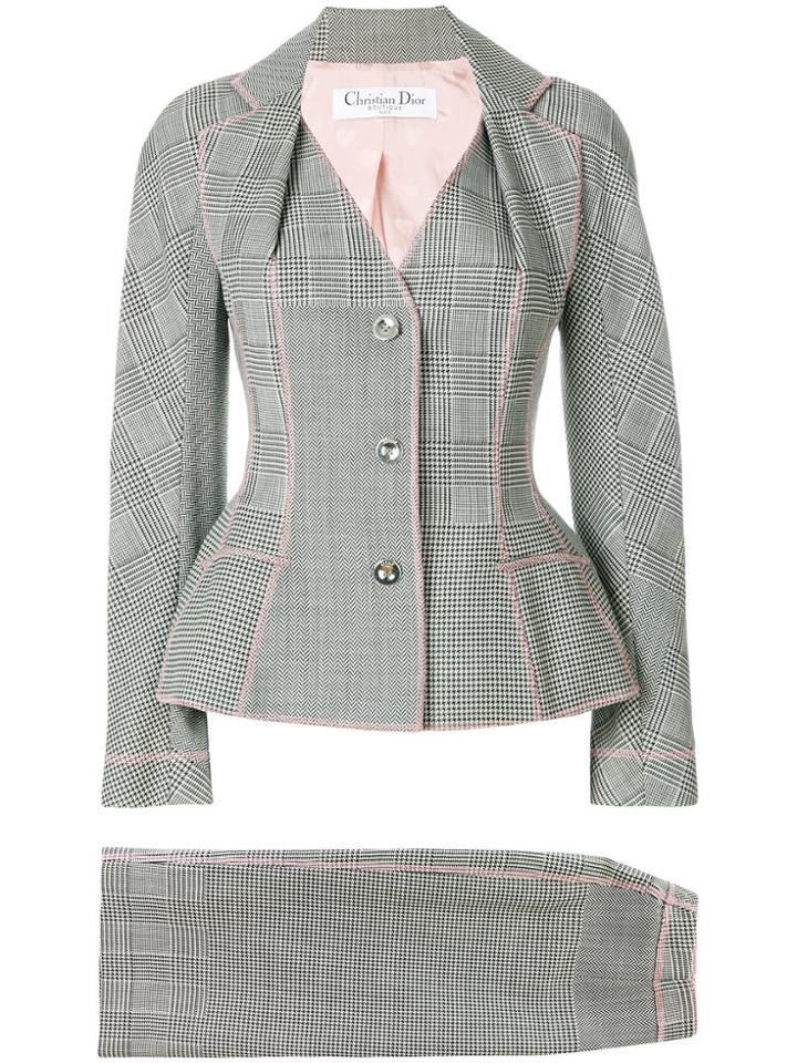 Christian Dior Vintage Plaid Skirt Suit - Grey