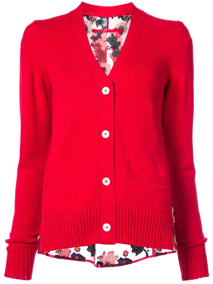 Sacai Floral Panel V-neck Cardigan - Red
