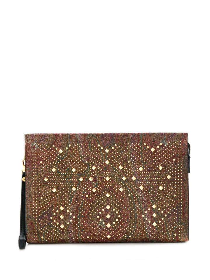 Etro Gold-tone Studded Paisley Print Clutch - Brown