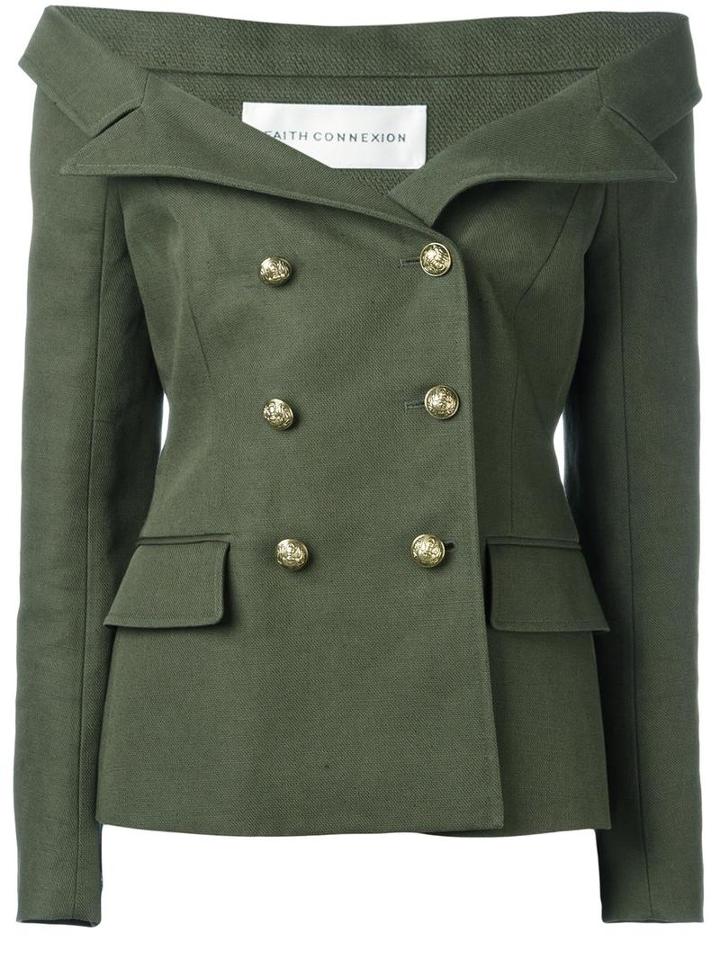 Faith Connexion Off-shoulders Double-breasted Blazer, Women's, Size: 42, Green, Cotton/linen/flax