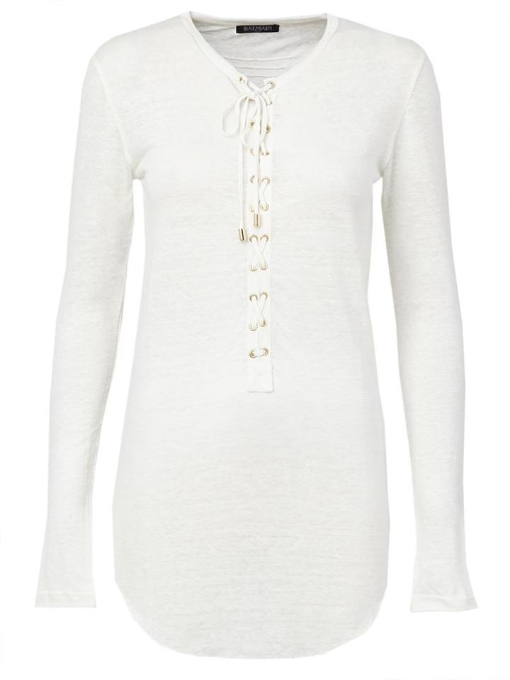 Balmain Long Sleeve Top, Women's, Size: 38, White, Linen/flax