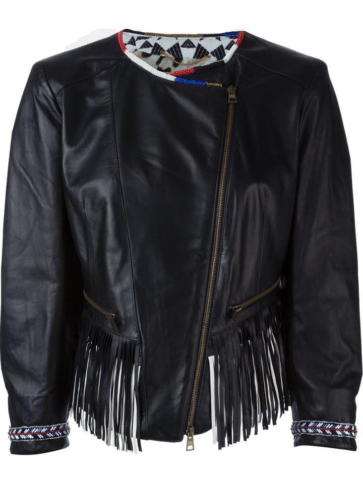 Bazar Deluxe Fringed Beaded Collar Cropped Leather Jacket, Women's, Size: 40, Black, Leather/silk/cotton