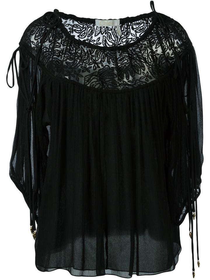 Chloé Palm Leaf Embroidered Blouse, Women's, Size: 34, Black, Silk/cotton/polyester
