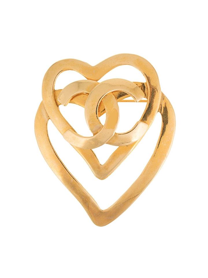 Chanel Vintage Double Heart Cutout Brooch - Gold