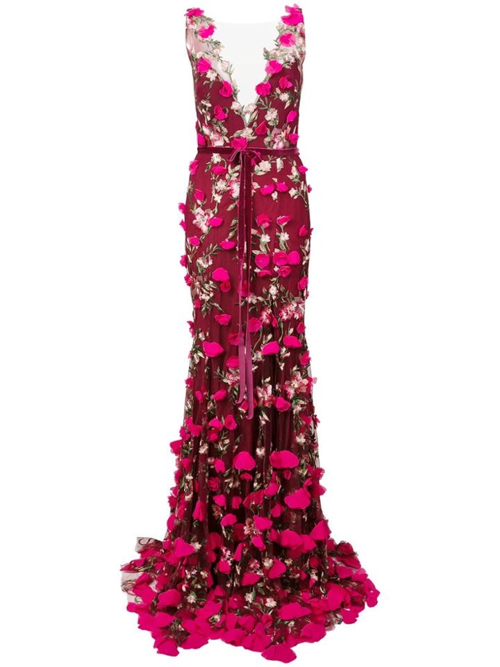 Marchesa Notte Plunge Neck Embroidered Gown
