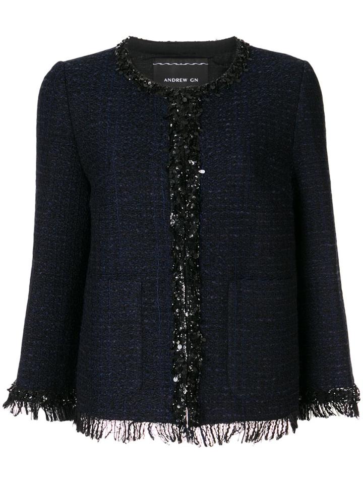 Andrew Gn Sequin Trimmed Tweed Jacket - Blue