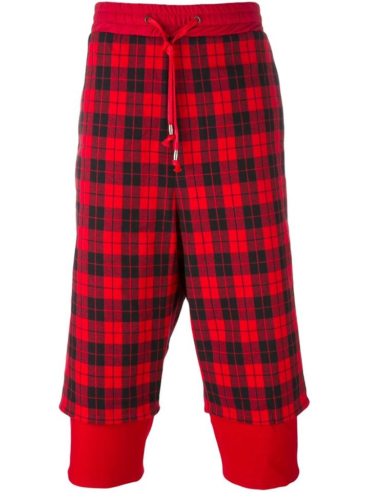 D.gnak Check Layered Cropped Pants, Men's, Size: 32, Red, Nylon/polyester/wool