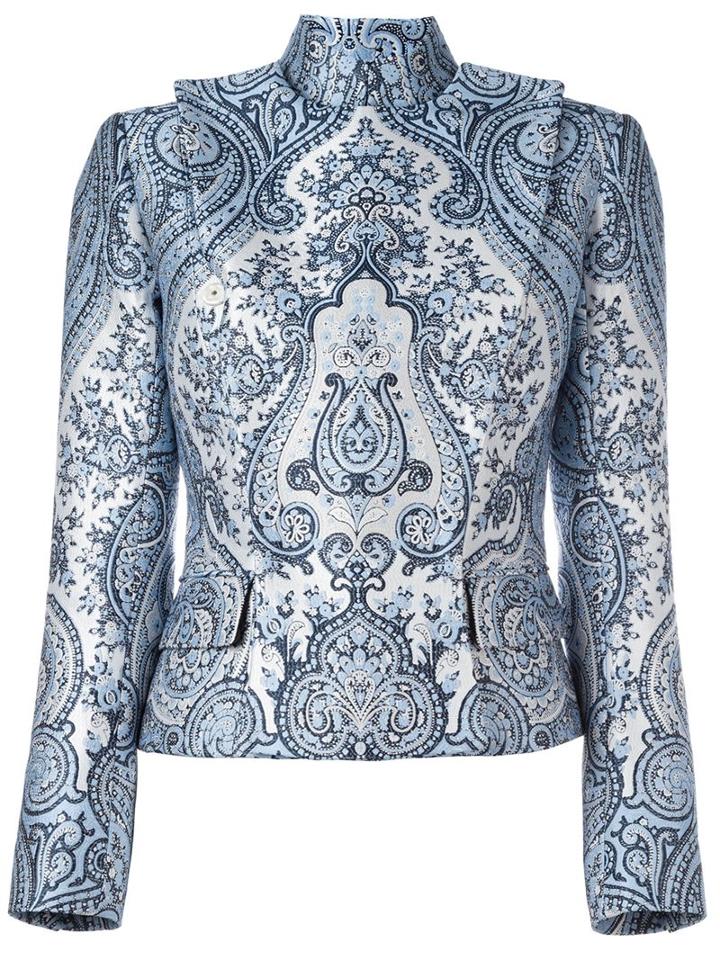 Balmain Standing Collar Paisley Jacket, Women's, Size: 36, Blue, Cotton/polyester/viscose