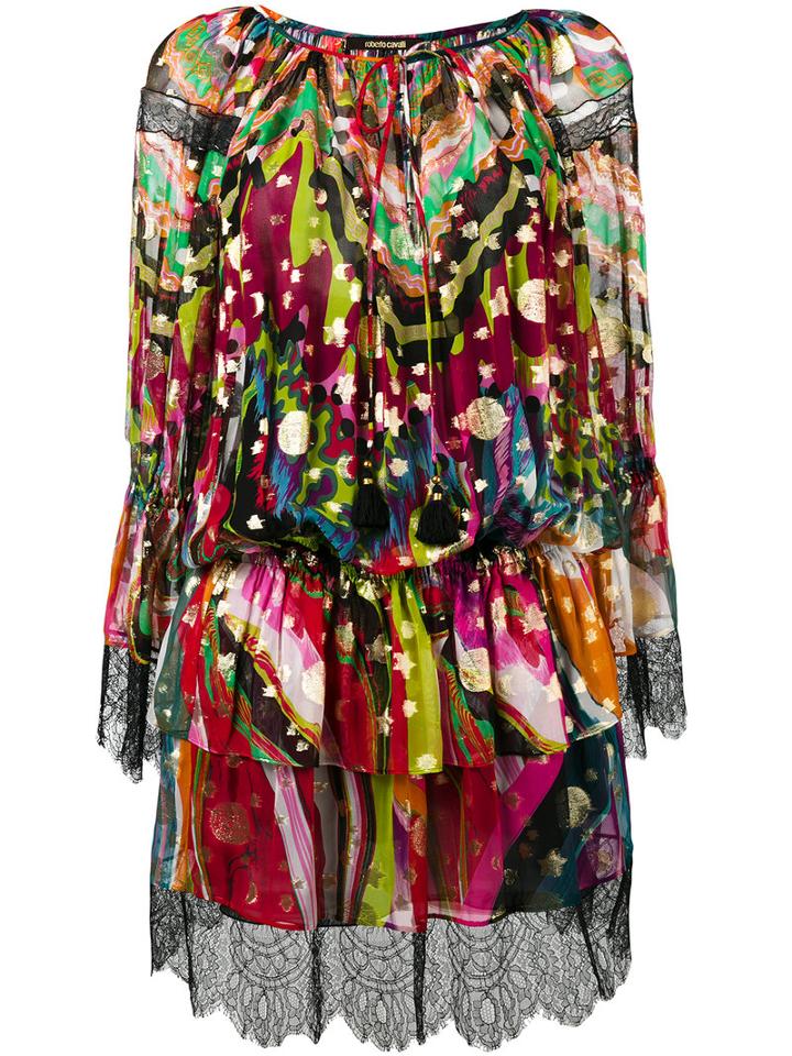 Roberto Cavalli Lace-trim Floral Tie-waist Dress, Women's, Size: 40, Viscose/polyester/silk