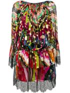 Roberto Cavalli Lace-trim Floral Tie-waist Dress, Women's, Size: 40, Viscose/polyester/silk