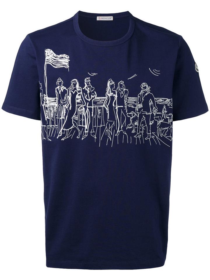 Moncler Seaside Scene T-shirt, Men's, Size: Small, Blue, Cotton/polyester/acrylic
