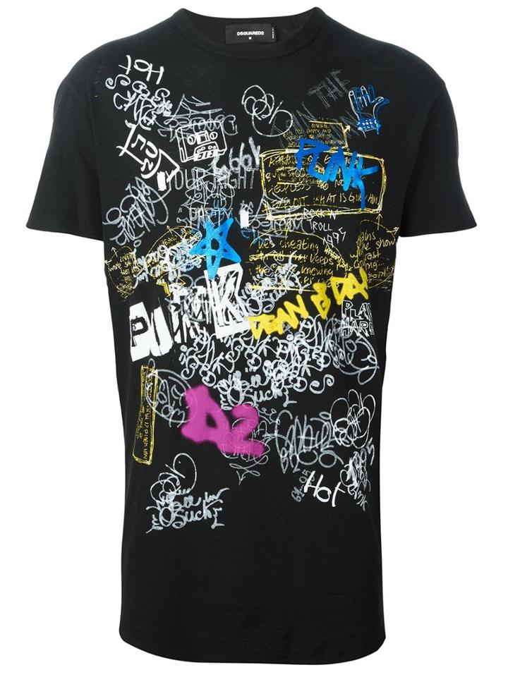 Dsquared2 Graffiti Curved Hem T-shirt, Men's, Size: Large, Black, Cotton
