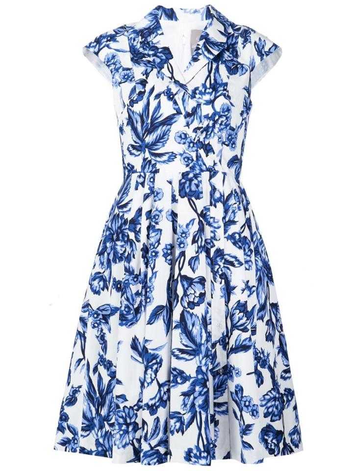 Lela Rose Floral Print Flared Dress, Women's, Size: 4, Blue, Cotton