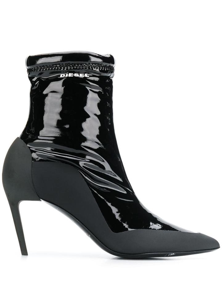 Diesel Mid-heel Glossy Sock Boots - Black