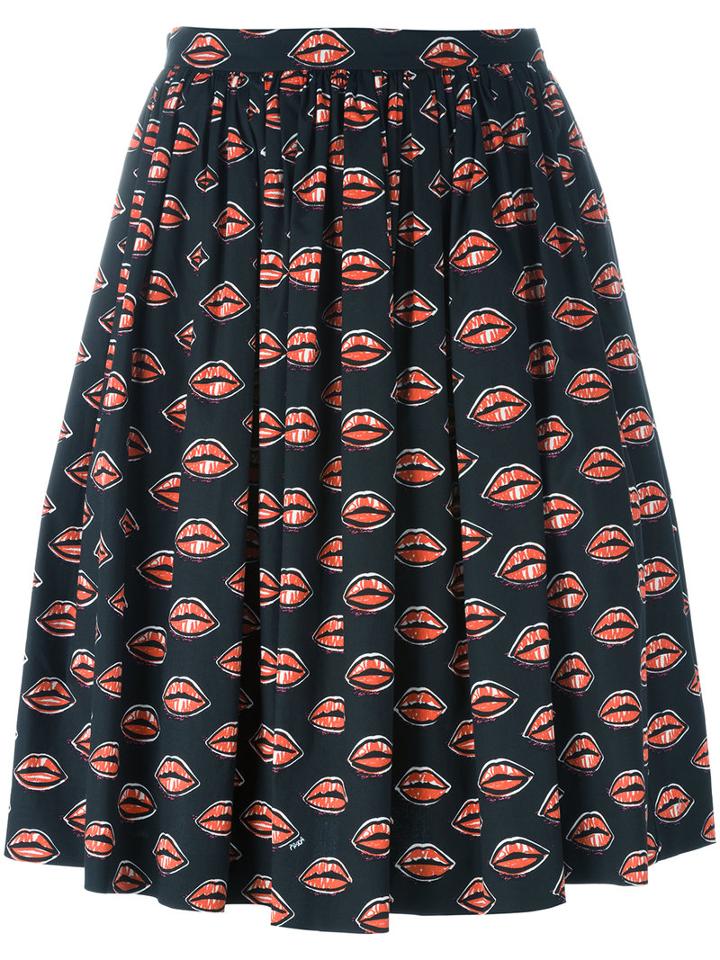 Prada Lips Print Pleated Skirt, Women's, Size: 38, Black, Cotton/spandex/elastane
