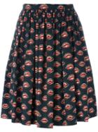 Prada Lips Print Pleated Skirt, Women's, Size: 38, Black, Cotton/spandex/elastane