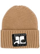 Courrèges Logo Patch Knitted Beanie - Brown
