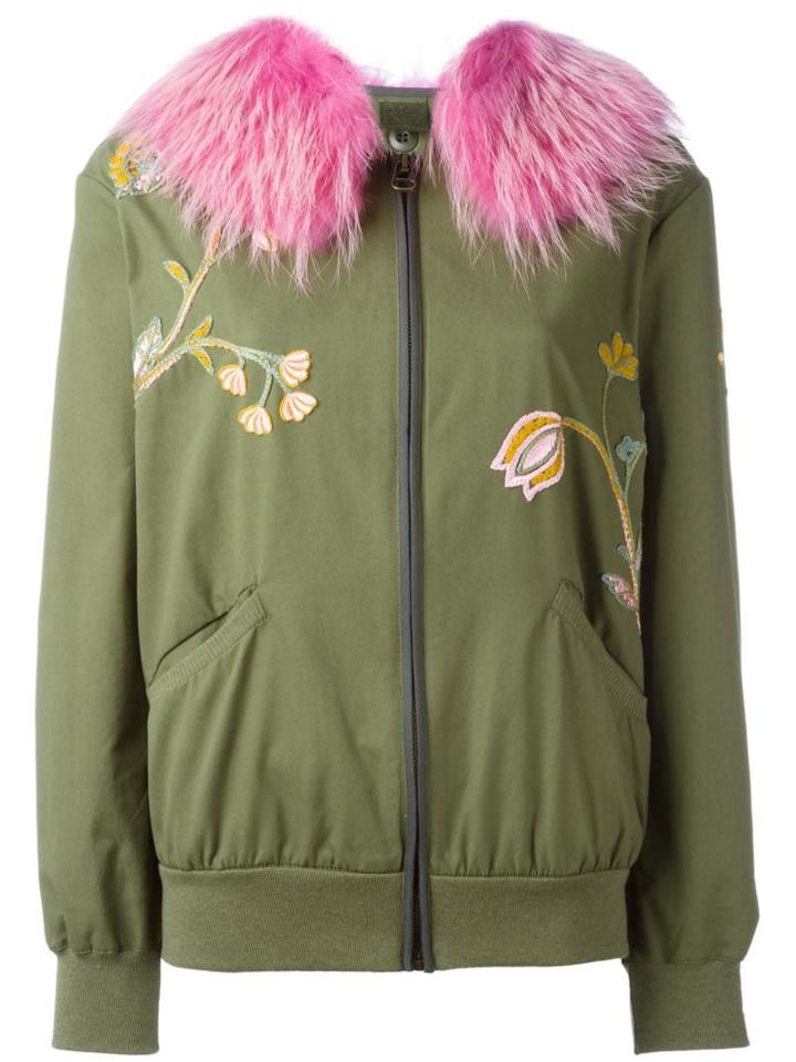 Mr & Mrs Italy Detachable Fur Collar Jacket, Women's, Size: 40, Green, Racoon Fur/viscose/cotton