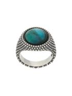 Nove25 Green Stone Dotted Round Signet Ring - Silver
