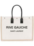 Saint Laurent White And Black Rive Gauche Linen And Leather Logo Tote