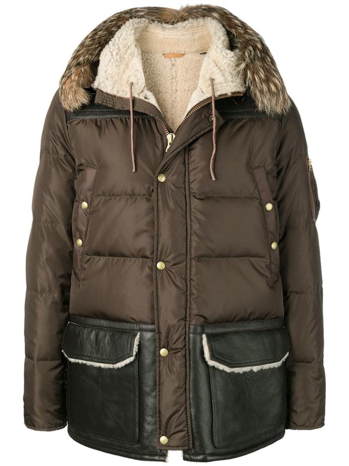 Schott Leather-panelled Puffer Jacket - Green