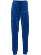 Versace Logo Embroidered Cotton Blend Velvet Sweatpants - Blue