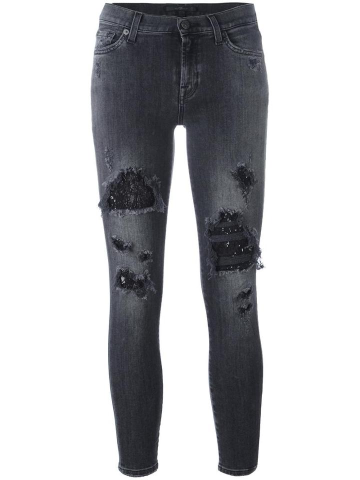 7 For All Mankind Distressed Skinny Jeans, Women's, Size: 26, Grey, Cotton/polyester/spandex/elastane