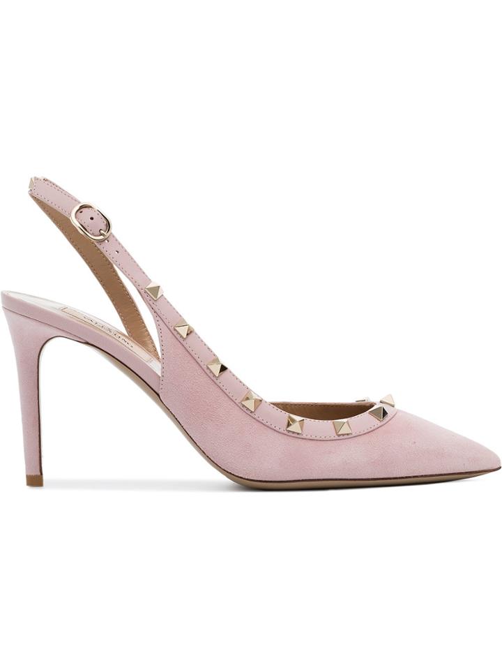 Valentino Pale Pink Rockstud 85 Leather Slingback Pumps - Pink &