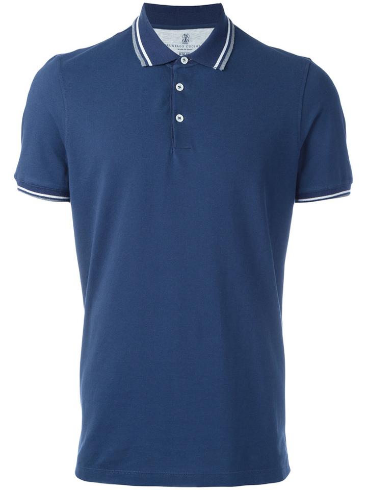 Brunello Cucinelli Striped Collar Polo Shirt, Men's, Size: Medium, Blue, Cotton