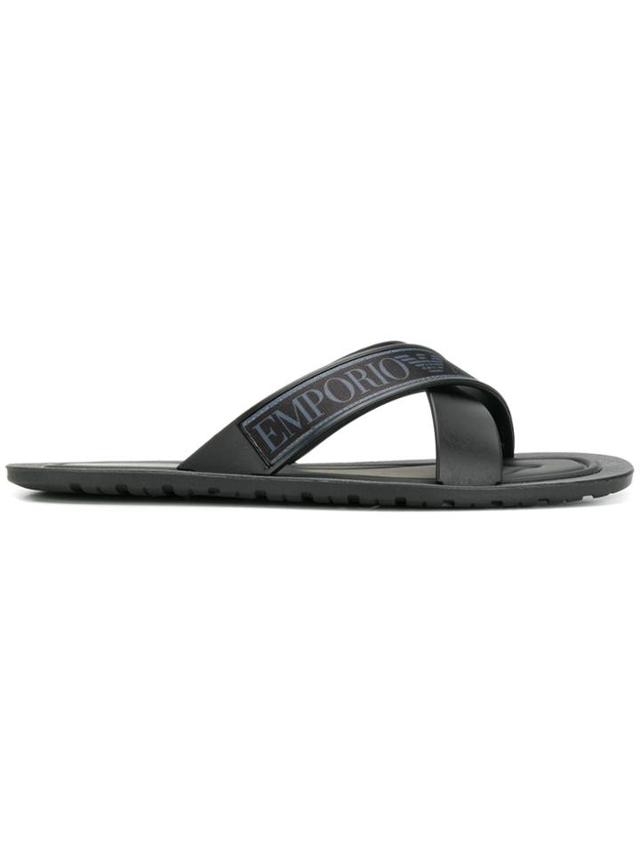 Emporio Armani Logo Printed Slippers - Black