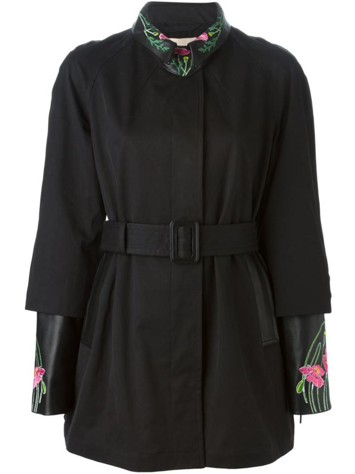 Christopher Kane Floral Embroidered Belted Coat, Women's, Size: 12, Black, Cotton/acetate/silk/leather