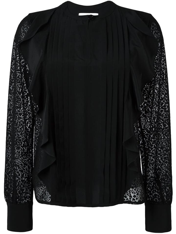 See By Chloé Embroidered Panel Ruffled Blouse, Women's, Size: 40, Black, Polyester/silk