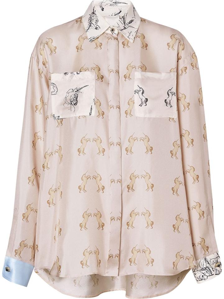 Burberry Contrast Unicorn Print Silk Twill Shirt - Neutrals