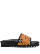 Mcm Logo Open-toe Slides - Brown