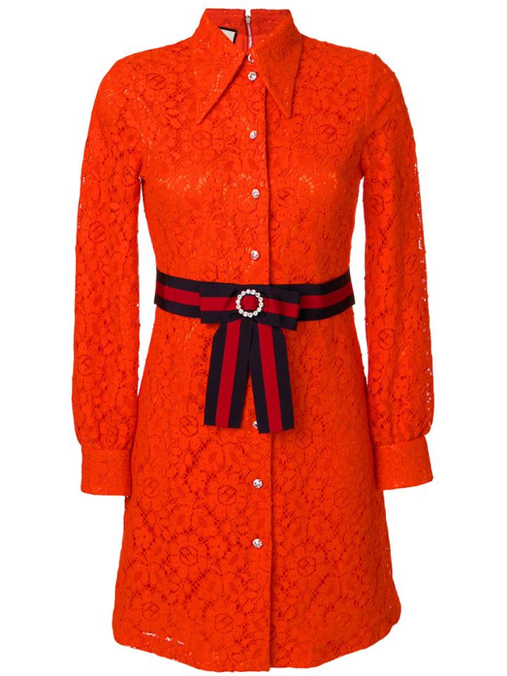 Gucci Cluny Lace Dress With Web Waistband - Yellow & Orange