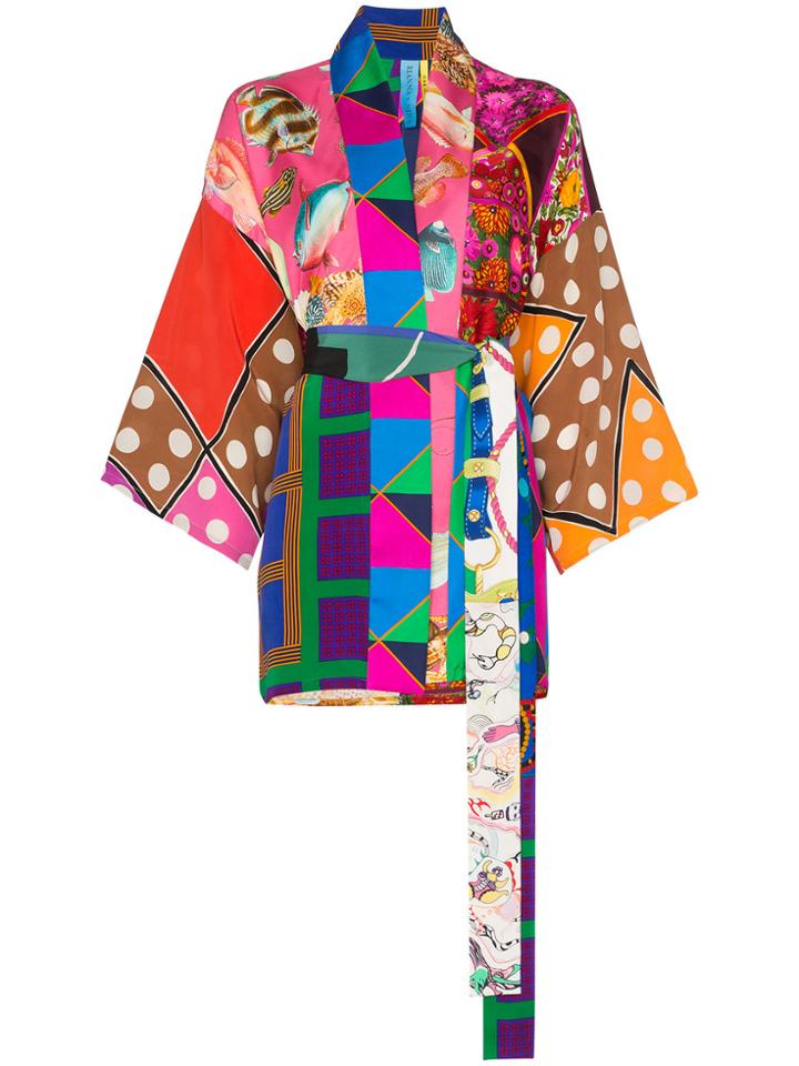 Rianna + Nina Short Multi Fish Polka Dot Print Silk Kimono Robe -